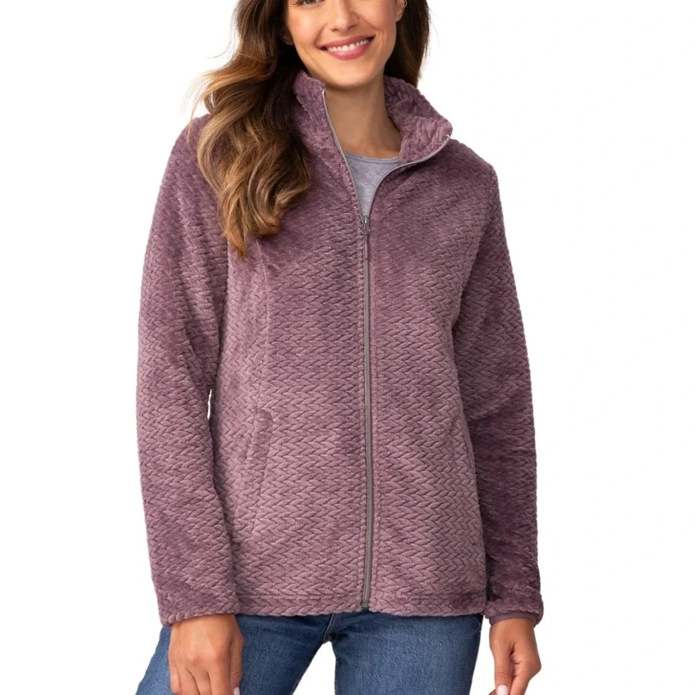 Free2B Braided Butter Pile Jacket Mauve Purple Faux Fur Fleece Full Zip Womens L